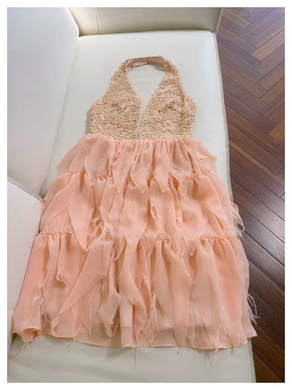 Pretty A line Halter Blush Pink Chiffon Summer 16th Birthday Dresses For Teens Hoco Dress Mini 18th Birthday Outfit Cocktail Dresses For Women W889