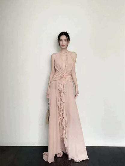 Elegant A line Blush Pink Sleeveless Chiffon Long Evening Party Gowns Evening Formal Dresses Prom Dress W890