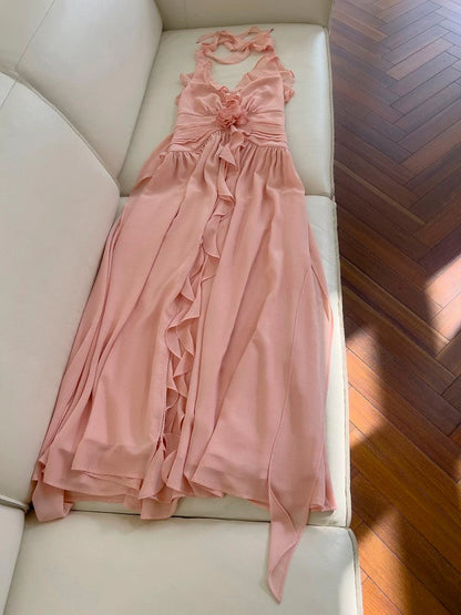 Elegant A line Blush Pink Sleeveless Chiffon Long Evening Party Gowns Evening Formal Dresses Prom Dress W890