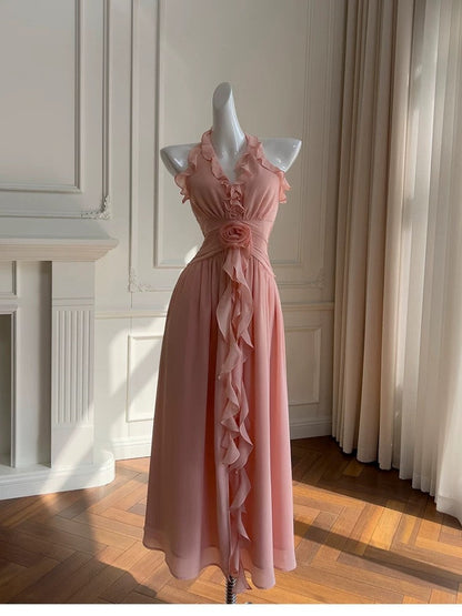 Elegant A line Blush Pink Sleeveless Chiffon Long Evening Party Gowns Evening Formal Dresses Prom Dress W890