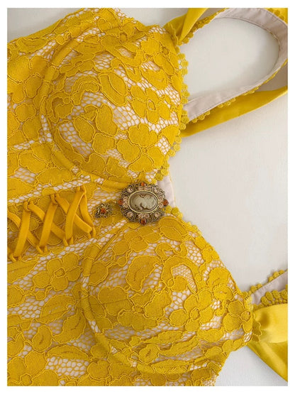 Pretty A line Straps Yellow Lace Summer 16th Birthday Dresses For Teens Hoco Dress Mini 18th Birthday Outfit Cocktail Dresses For Women W891