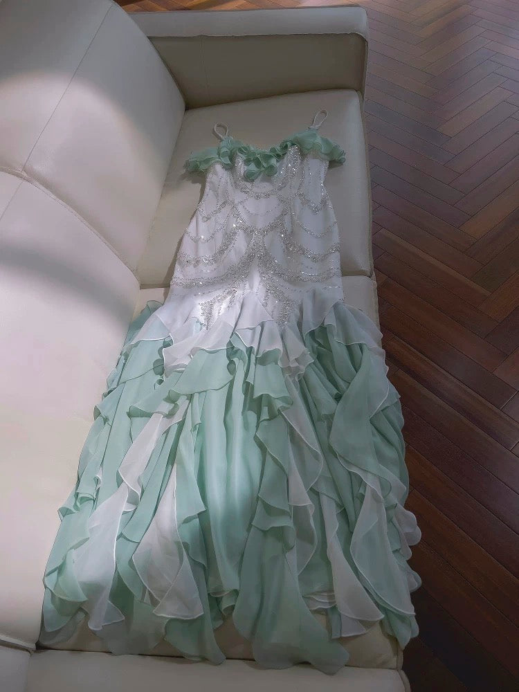 Elegant Mermaid Spaghetti Straps Sleeveless Chiffon Long Evening Party Gowns Evening Formal Dresses Prom Dress W893