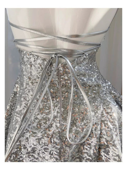 Pretty A line Halter Silver Sequin Summer 16th Birthday Dresses For Teens Hoco Dress Mini 18th Birthday Outfit Cocktail Dresses For Women W899