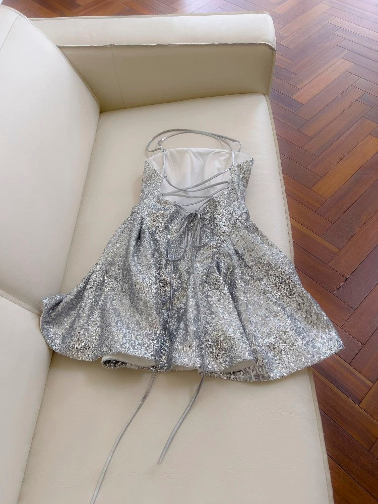 Pretty A line Halter Silver Sequin Summer 16th Birthday Dresses For Teens Hoco Dress Mini 18th Birthday Outfit Cocktail Dresses For Women W899