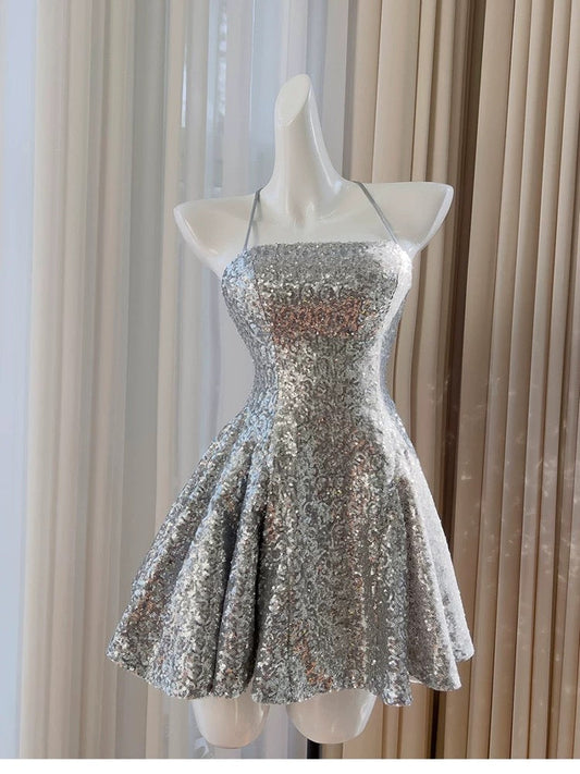 Pretty A line Halter Silver Sequin Summer 16th Birthday Dresses For Teens Hoco Dress Mini 18th Birthday Outfit Cocktail Dresses For Women W899