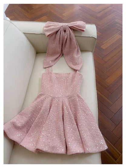 Pretty Ball Gown Square Neck Pink Sequin Summer 16th Birthday Dresses For Teens Hoco Dress Mini 18th Birthday Outfit Cocktail Dresses For Women W908