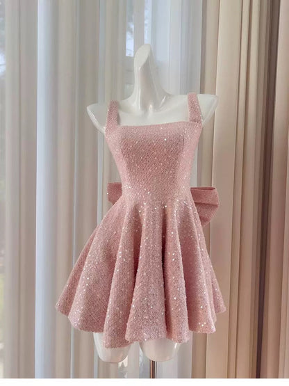 Pretty Ball Gown Square Neck Pink Sequin Summer 16th Birthday Dresses For Teens Hoco Dress Mini 18th Birthday Outfit Cocktail Dresses For Women W908