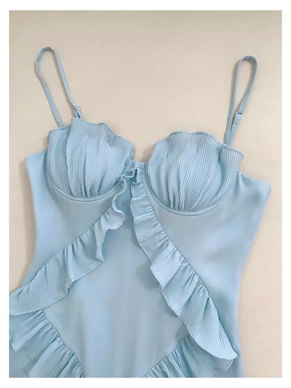 Elegant Sheath Spaghetti Straps Blue Chiffon Sleeveless Long Evening Party Gowns Evening Formal Dresses Prom Dress W912