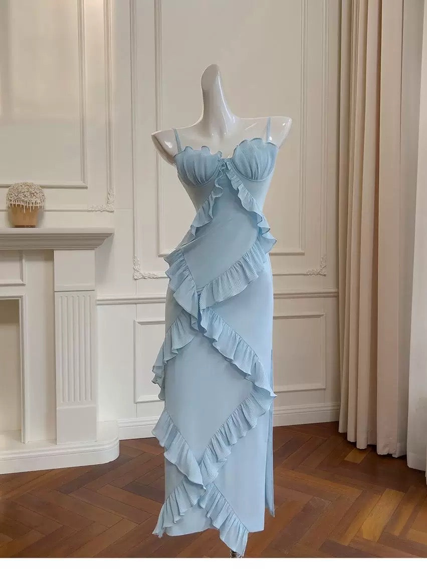 Elegant Sheath Spaghetti Straps Blue Chiffon Sleeveless Long Evening Party Gowns Evening Formal Dresses Prom Dress W912