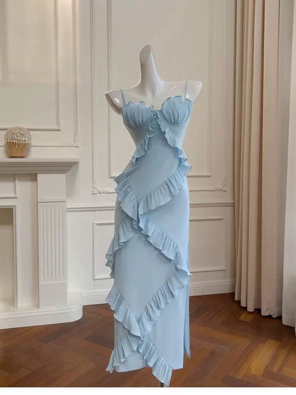 Elegant Sheath Spaghetti Straps Blue Chiffon Sleeveless Long Evening Party Gowns Evening Formal Dresses Prom Dress W912