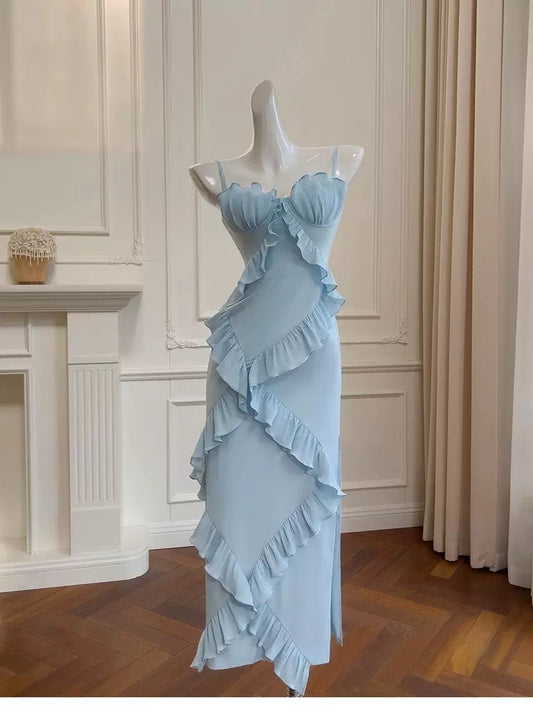 Elegant Sheath Spaghetti Straps Blue Chiffon Sleeveless Long Evening Party Gowns Evening Formal Dresses Prom Dress W912