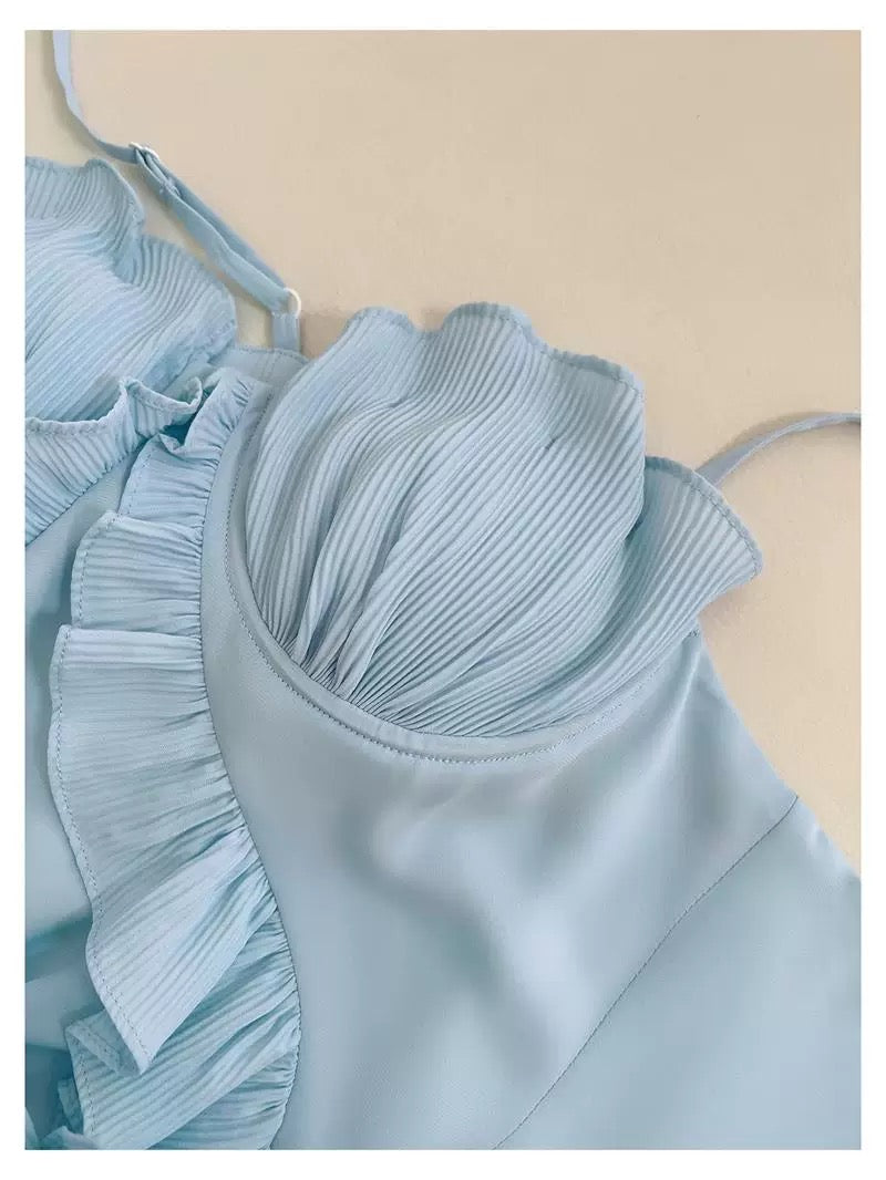 Elegant Sheath Spaghetti Straps Blue Chiffon Sleeveless Long Evening Party Gowns Evening Formal Dresses Prom Dress W912