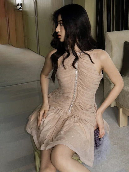 Pretty Sheath High Neck Champagne Summer 16th Birthday Dresses For Teens Hoco Dress Mini 18th Birthday Outfit Cocktail Dresses For Women W914