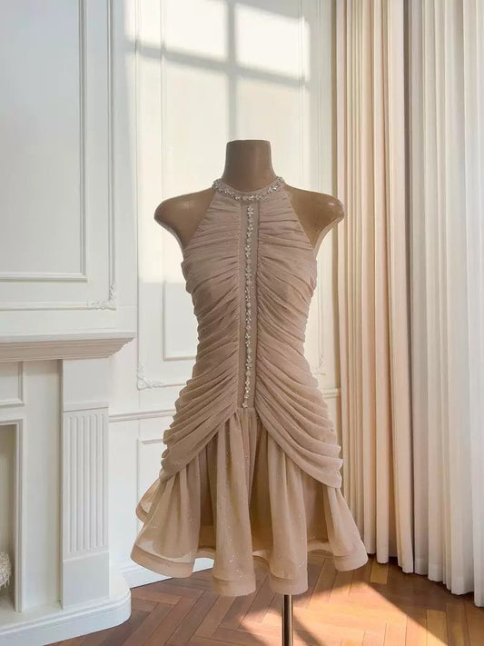 Pretty Sheath High Neck Champagne Summer 16th Birthday Dresses For Teens Hoco Dress Mini 18th Birthday Outfit Cocktail Dresses For Women W914