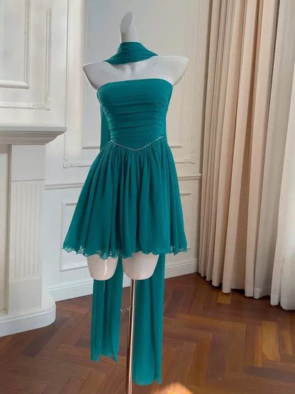 Pretty A line Strapless Chiffon Blue Summer 16th Birthday Dresses For Teens Hoco Dress Mini 18th Birthday Outfit Cocktail Dresses For Women W916