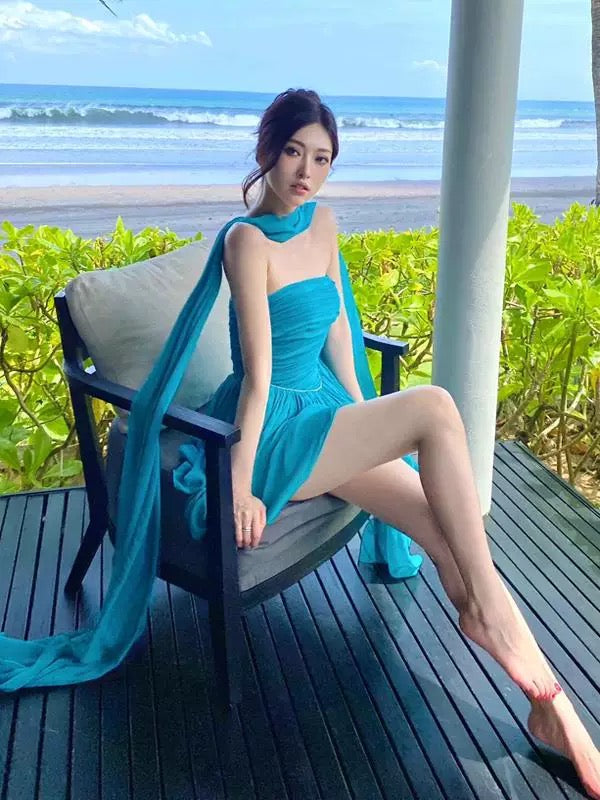 Pretty A line Strapless Chiffon Blue Summer 16th Birthday Dresses For Teens Hoco Dress Mini 18th Birthday Outfit Cocktail Dresses For Women W916