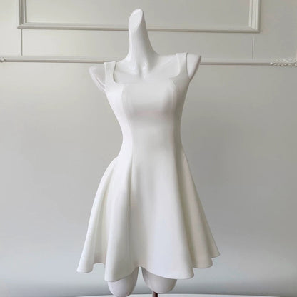 Trendy A line Square White Satin Sleeveless Formal Short 8th Grade Homecoming Dress Summer Middle School Hoco Dresses Cocktail Dress Birthday Outfits W919