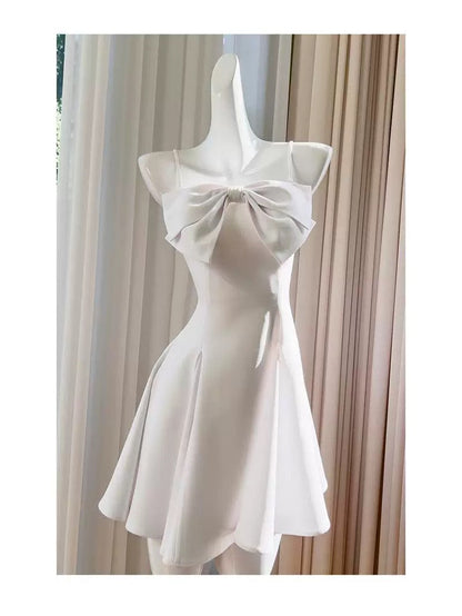 Trendy A line Spaghetti Straps White Satin Formal Short 8th Grade Homecoming Dress Summer Middle School Hoco Dresses Birthday Outfits W920