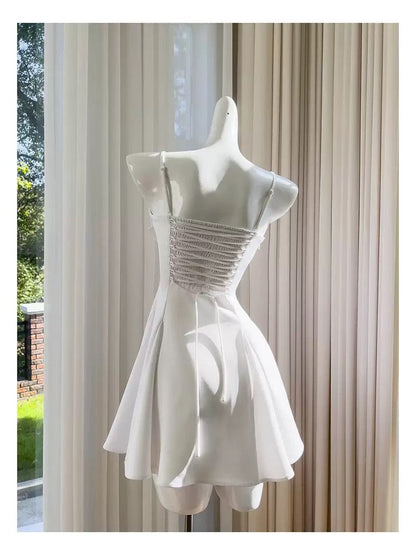 Trendy A line Spaghetti Straps White Satin Formal Short 8th Grade Homecoming Dress Summer Middle School Hoco Dresses Birthday Outfits W920