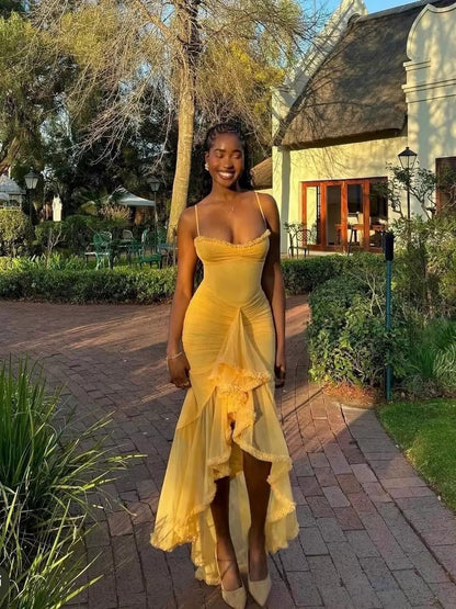 Elegant High Low Spaghetti Straps Yellow Sleeveless Long Evening Party Gowns Evening Formal Dresses Prom Dress W924
