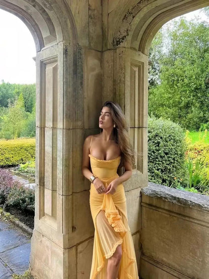 Elegant High Low Spaghetti Straps Yellow Sleeveless Long Evening Party Gowns Evening Formal Dresses Prom Dress W924