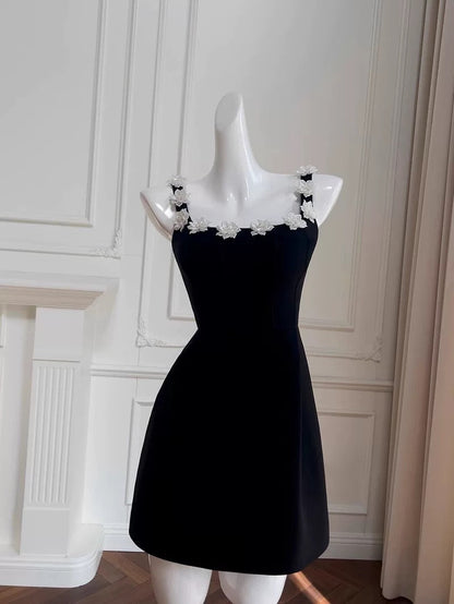 Trendy A Line Square Neck Floral Black Satin Formal Short 8th Grade Homecoming Dress Summer Middle School Hoco Dresses Birthday Outfits W930