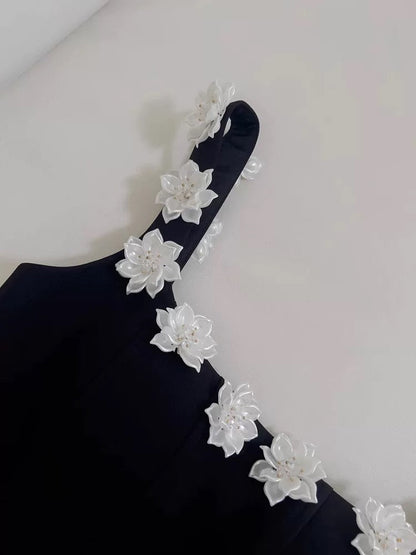 Trendy A Line Square Neck Floral Black Satin Formal Short 8th Grade Homecoming Dress Summer Middle School Hoco Dresses Birthday Outfits W930