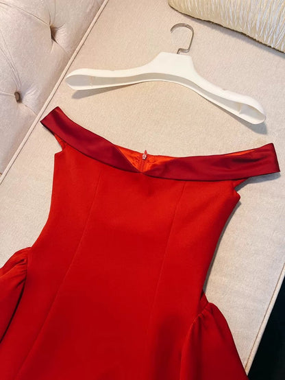 Trendy A line Off The Shoulder Satin Red Formal Short 8th Grade Homecoming Dress Summer Middle School Hoco Dresses Birthday Outfits W934