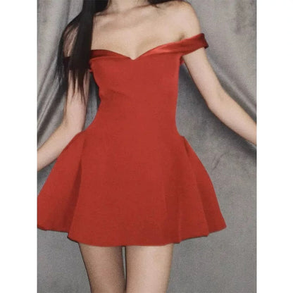 Trendy A line Off The Shoulder Satin Red Formal Short 8th Grade Homecoming Dress Summer Middle School Hoco Dresses Birthday Outfits W934