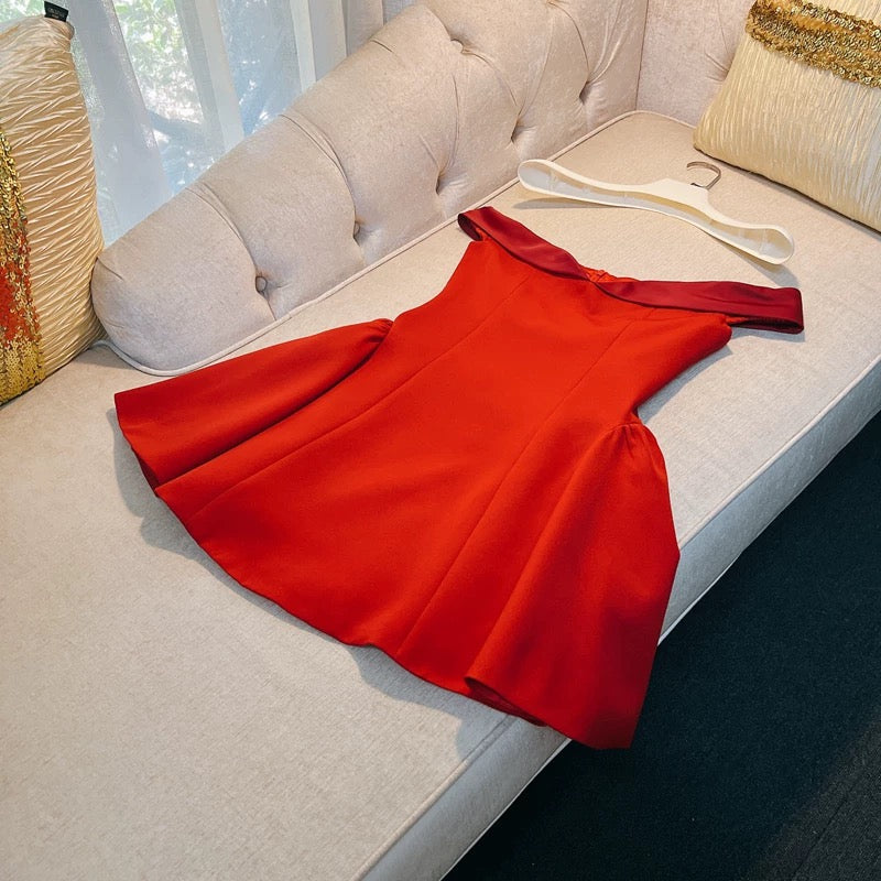 Trendy A line Off The Shoulder Satin Red Formal Short 8th Grade Homecoming Dress Summer Middle School Hoco Dresses Birthday Outfits W934