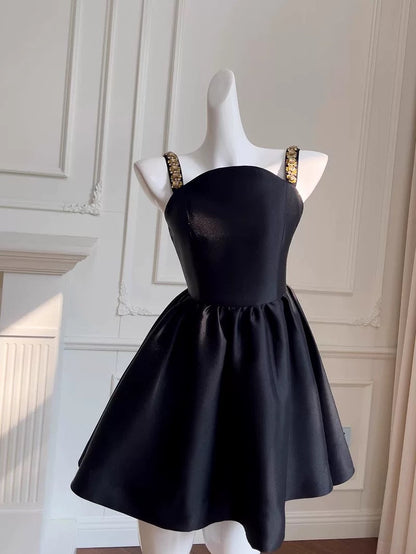 Trendy Ball Gown Straps Black Satin Sleeveless Formal Short 8th Grade Homecoming Dress Summer Middle School Hoco Dresses Cocktail Dress Birthday Outfits W938