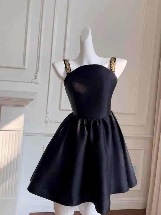 Trendy Ball Gown Straps Black Satin Sleeveless Formal Short 8th Grade Homecoming Dress Summer Middle School Hoco Dresses Cocktail Dress Birthday Outfits W938