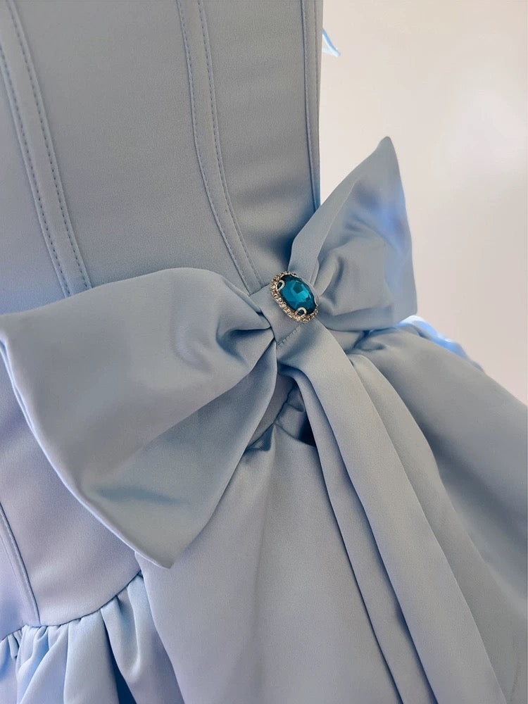 Trendy Ball Gown Spaghetti Straps Blue Satin Sleeveless Formal Short 8th Grade Homecoming Dress Summer Middle School Hoco Dresses Cocktail Dress Birthday Outfits W940