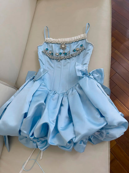 Trendy Ball Gown Spaghetti Straps Blue Satin Sleeveless Formal Short 8th Grade Homecoming Dress Summer Middle School Hoco Dresses Cocktail Dress Birthday Outfits W940