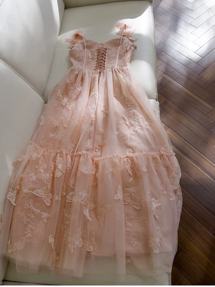 Elegant A line Straps Blush Pink Lace Sleeveless Long Evening Party Gowns Evening Formal Dresses Prom Dress W945
