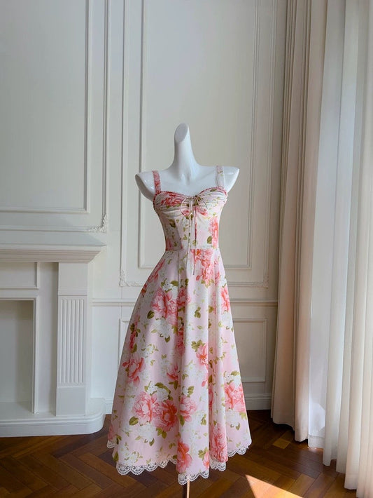 Elegant A line Straps Floral Pink Chiffon Sleeveless Long Evening Party Gowns Evening Formal Dresses Prom Dress W946