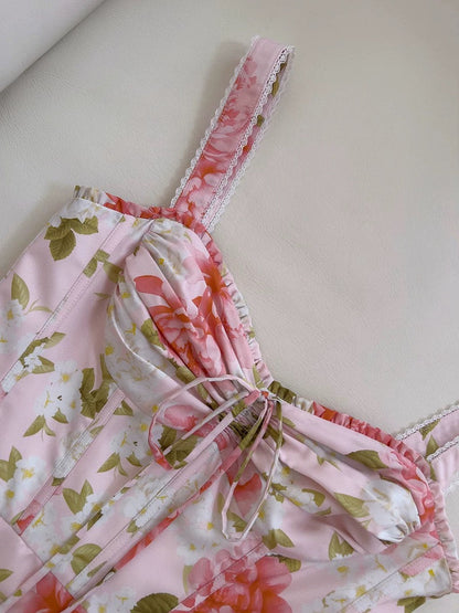 Elegant A line Straps Floral Pink Chiffon Sleeveless Long Evening Party Gowns Evening Formal Dresses Prom Dress W946