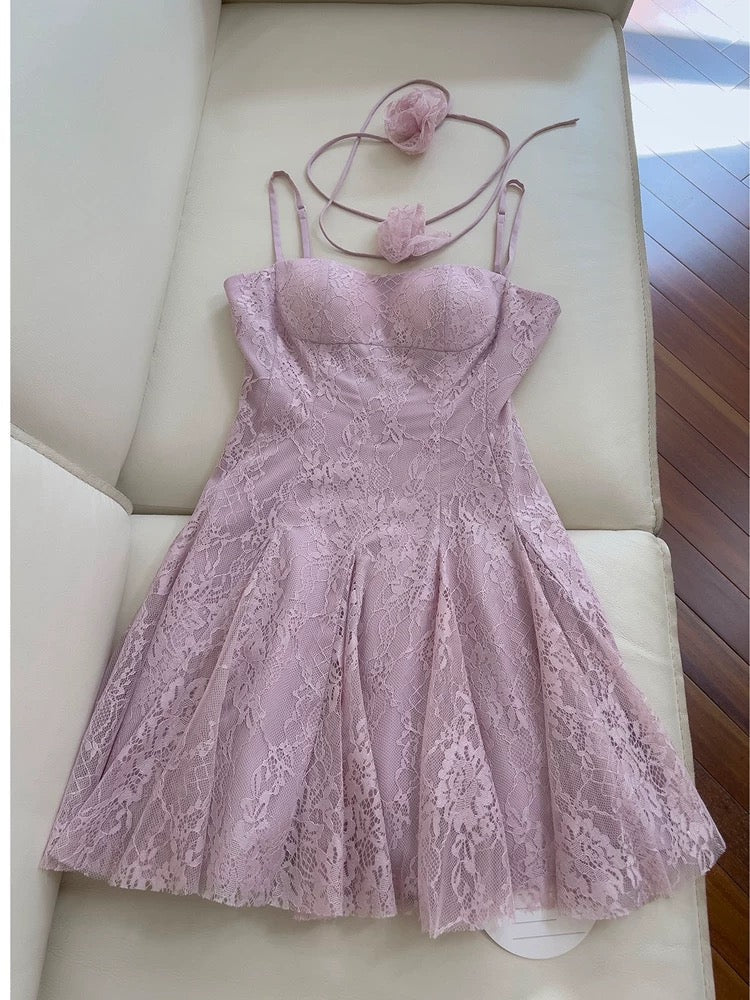 Trendy A line Spaghetti Straps Lilac Lace Sleeveless Formal Short 8th Grade Homecoming Dress Summer Middle School Hoco Dresses Cocktail Dress Birthday Outfits W947