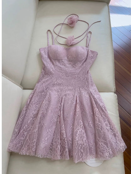 Trendy A line Spaghetti Straps Lilac Lace Sleeveless Formal Short 8th Grade Homecoming Dress Summer Middle School Hoco Dresses Cocktail Dress Birthday Outfits W947