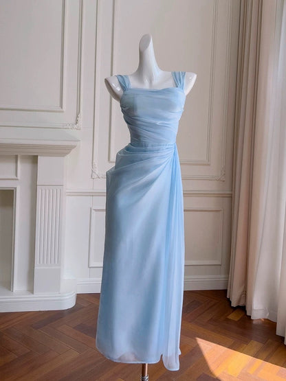 Elegant A line Straps Light Sky Blue Chiffon Sleeveless Long Evening Party Gowns Evening Formal Dresses Prom Dress W949