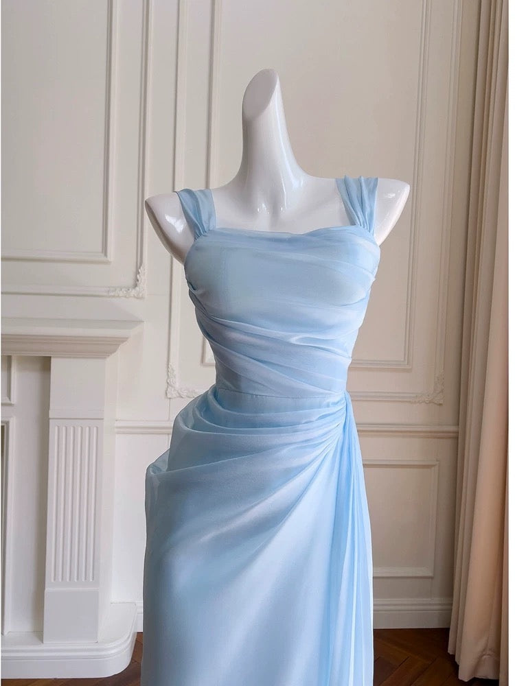 Elegant A line Straps Light Sky Blue Chiffon Sleeveless Long Evening Party Gowns Evening Formal Dresses Prom Dress W949