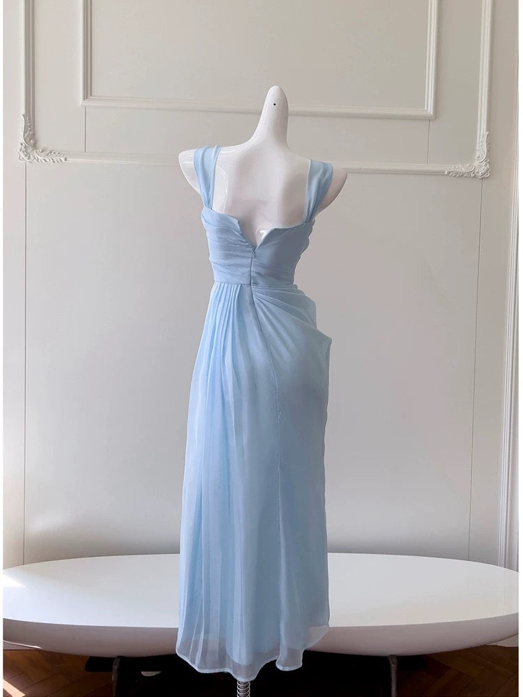 Elegant A line Straps Light Sky Blue Chiffon Sleeveless Long Evening Party Gowns Evening Formal Dresses Prom Dress W949