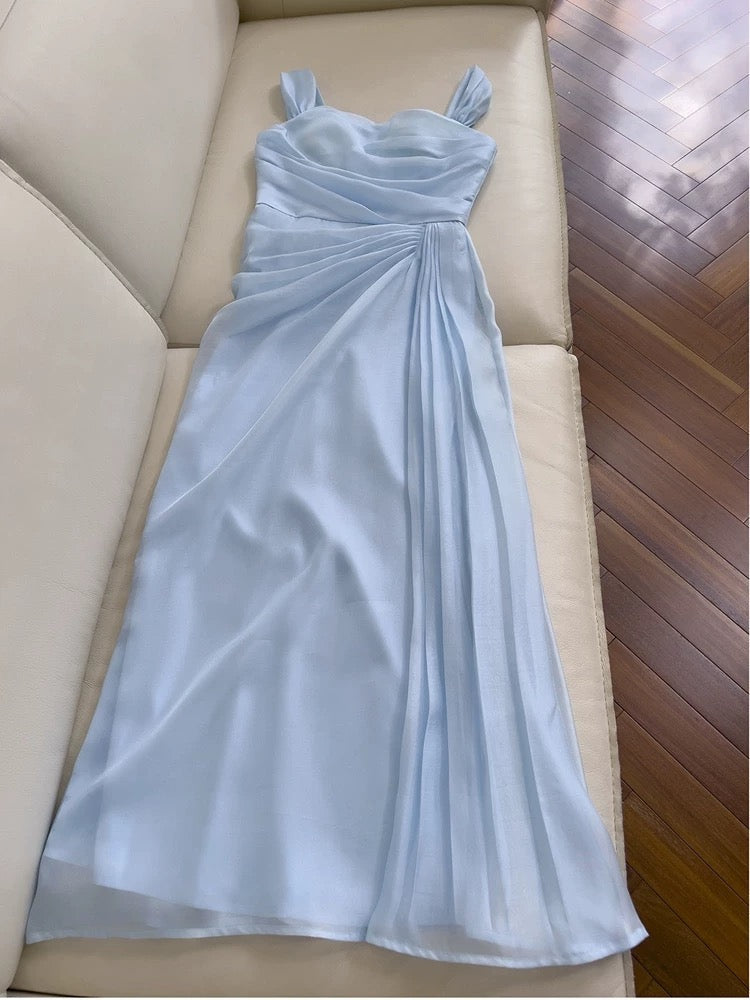 Elegant A line Straps Light Sky Blue Chiffon Sleeveless Long Evening Party Gowns Evening Formal Dresses Prom Dress W949