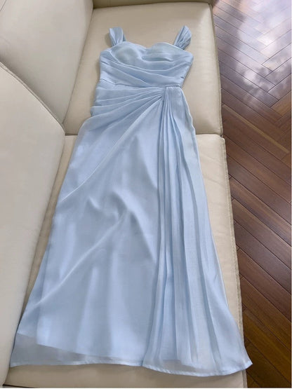 Elegant A line Straps Light Sky Blue Chiffon Sleeveless Long Evening Party Gowns Evening Formal Dresses Prom Dress W949