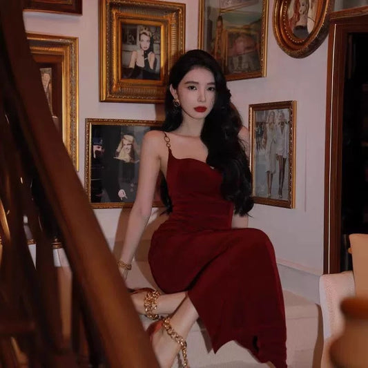 Elegant Sheath Spaghetti Straps Burgundy Velvet Sleeveless Long Evening Party Gowns Evening Formal Dresses Prom Dress W950