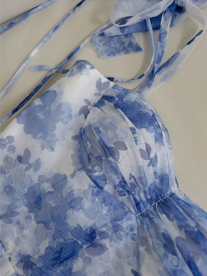 Elegant A line Straps Light Sky Blue Floral Chiffon Sleeveless Long Evening Party Gowns Evening Formal Dresses Prom Dress W951