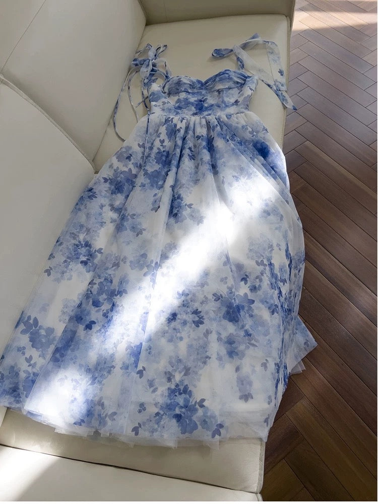 Elegant A line Straps Light Sky Blue Floral Chiffon Sleeveless Long Evening Party Gowns Evening Formal Dresses Prom Dress W951