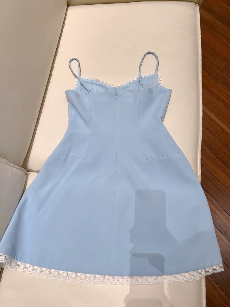 Trendy A line Spaghetti Straps Blue Formal Short 8th Grade Homecoming Dress Summer Middle School Hoco Dresses Cocktail Dress Birthday Outfits W956