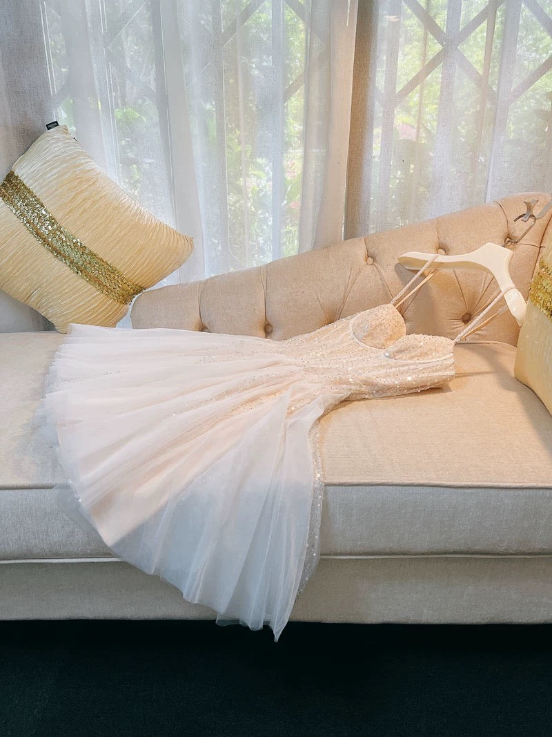 Cute A line Spaghetti Straps Champagne Formal Short 8th Grade Homecoming Dress Summer Middle School Hoco Dresses Birthday Outfits W973