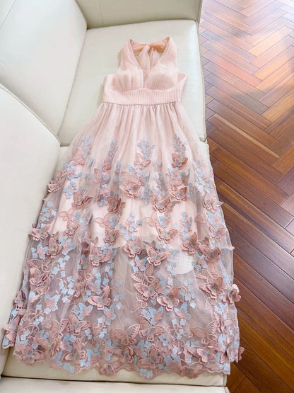 Elegant A line Halter Tulle Lace Blush Pink Sleeveless Long Evening Party Gowns Evening Formal Dresses Prom Dress W964